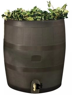 Round Rain Barrel With Planter, 35 Gallons -Garden Tools Store 8612856WALNT 01V tif